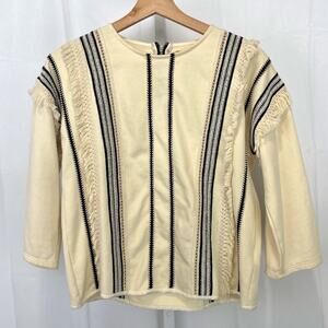 ERI + ALI Anthropologie Santillana Boxy Fringe Blouse Top Cream Black Size XS